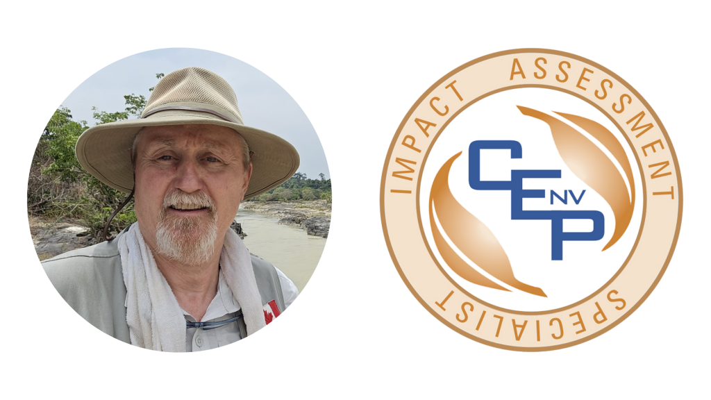 Portrait of Schott Hanna in a beige hat on a beach and the CEnvP IA Specialist logo